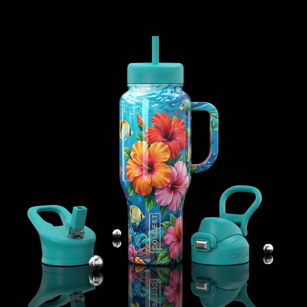 underwater hibiscus water bottle design