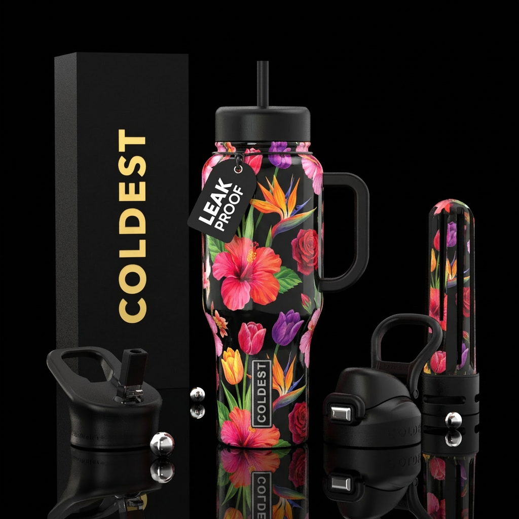 black lids and handles hibiscus bird of paradise r... water bottle design