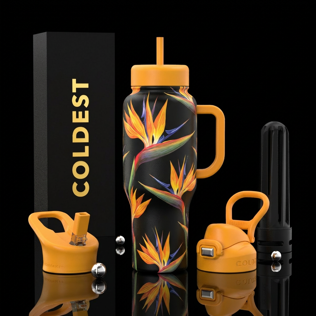 bird of paradise black background black handles an... water bottle design