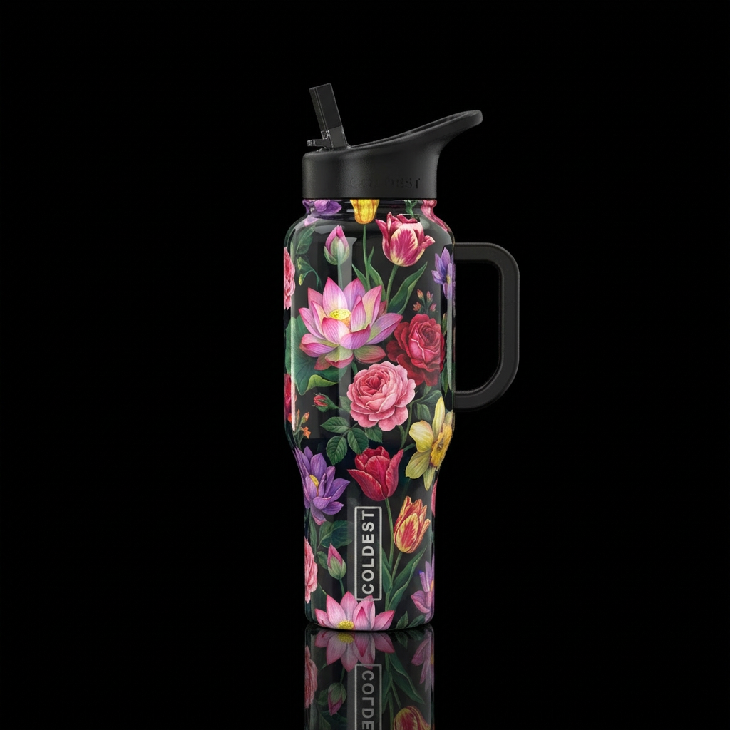 lotus flower, roses, tulips black background black... water bottle design