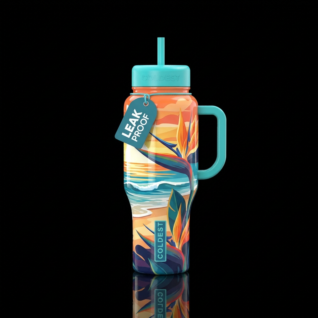 beach, bird of paradise, abstract water bottle design