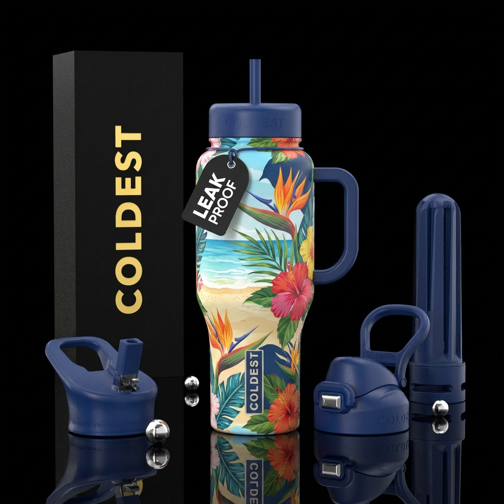 beach, bird of paradise, hibiscus water bottle design