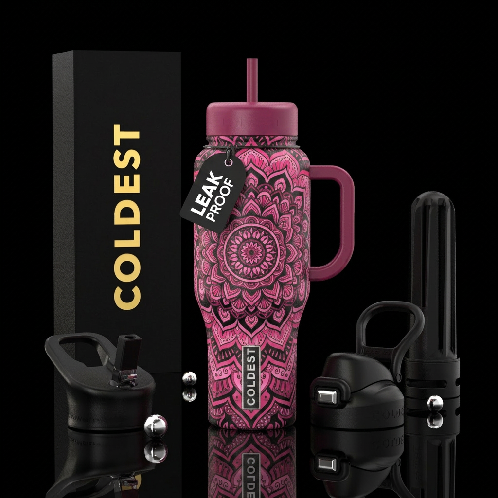 pink and black mandala, water bottle design