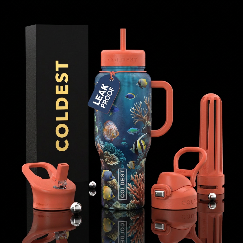 deep ocean, coral, tropical fish water bottle design