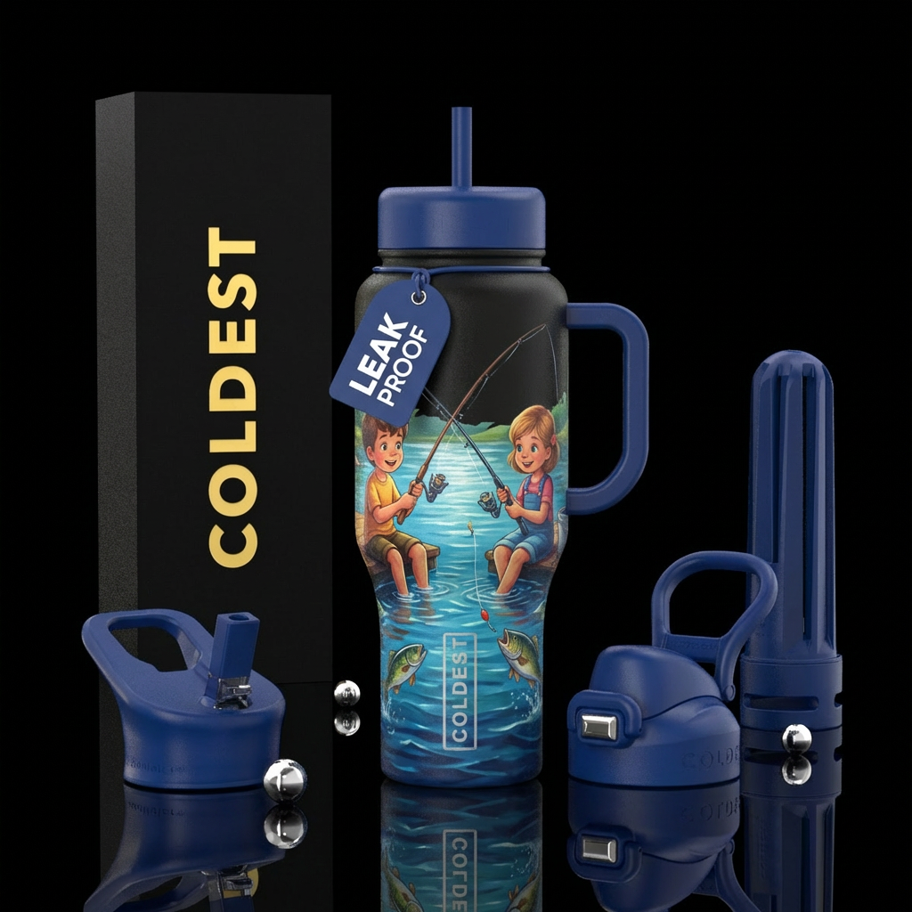 Small boy and girl fishing water bottle design