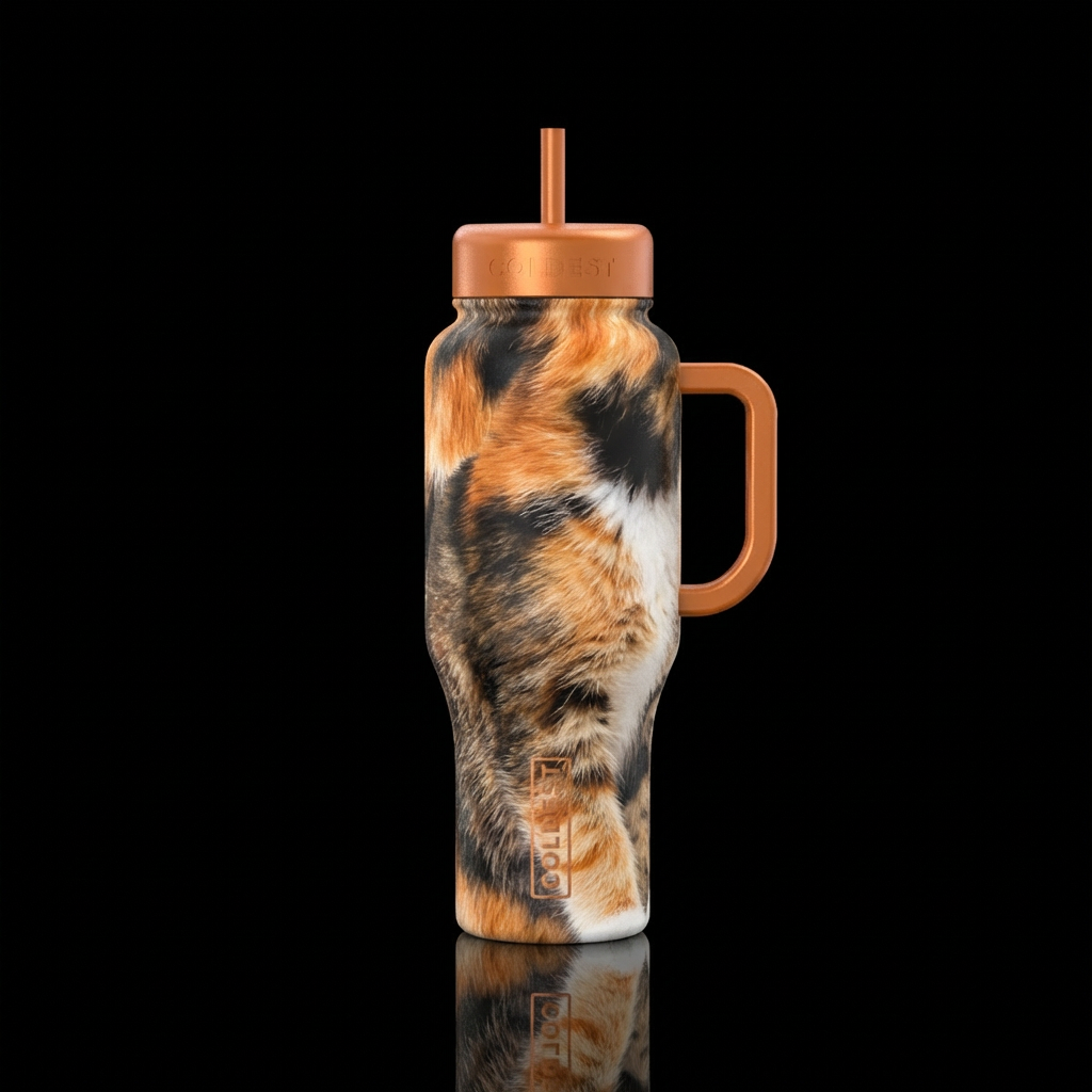 Calico and tabby mixed kitty water bottle design
