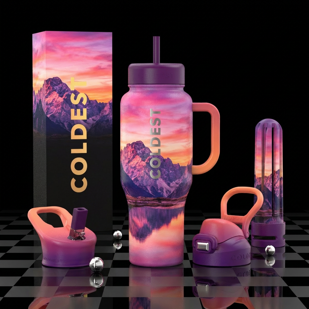 Mountain sunset pinks purples orange water bottle design