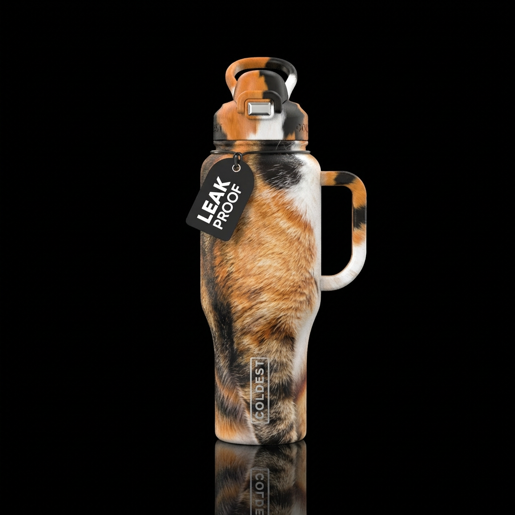 Calico tabby mixed kitty water bottle design