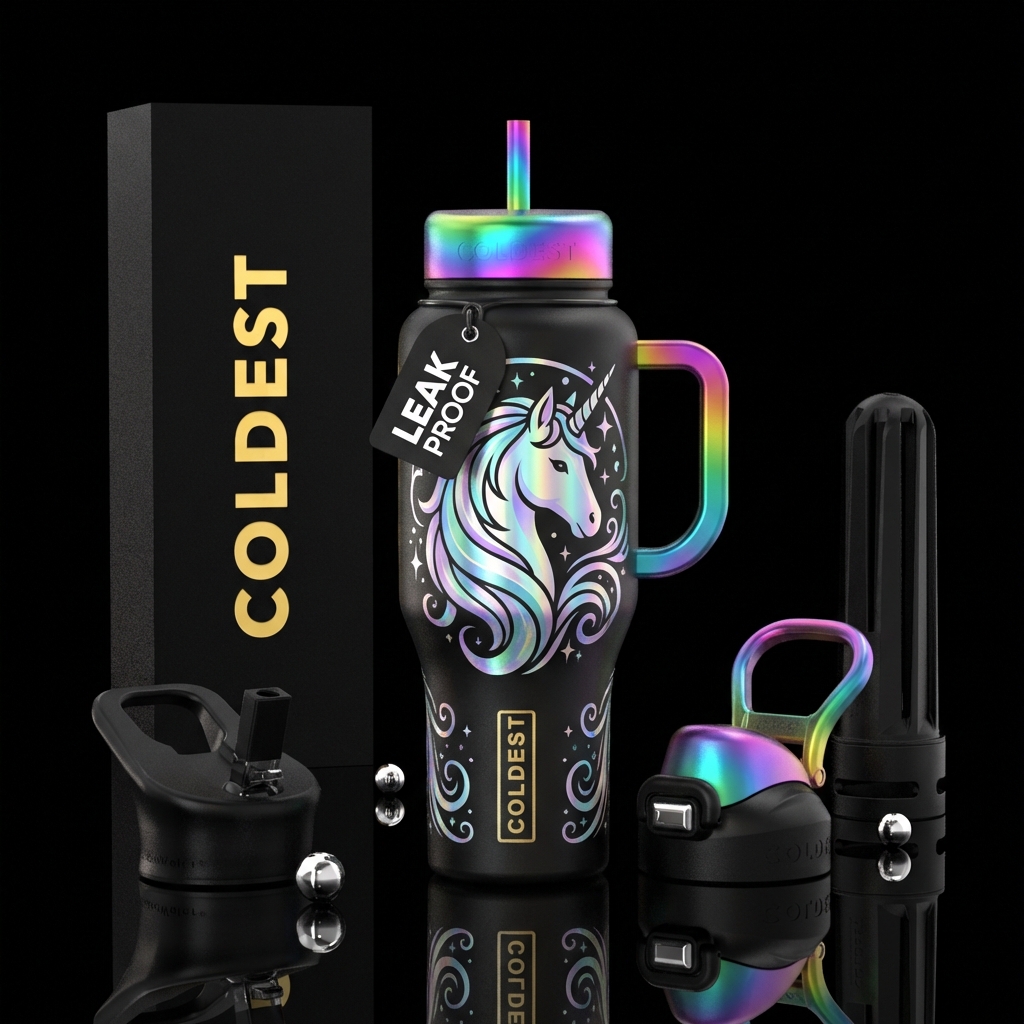 irridescent unicorn water bottle design