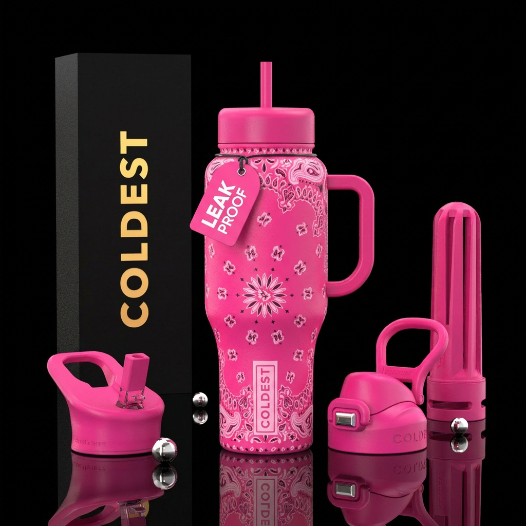 Hot pink and baby pink colors with bandana print water bottle design