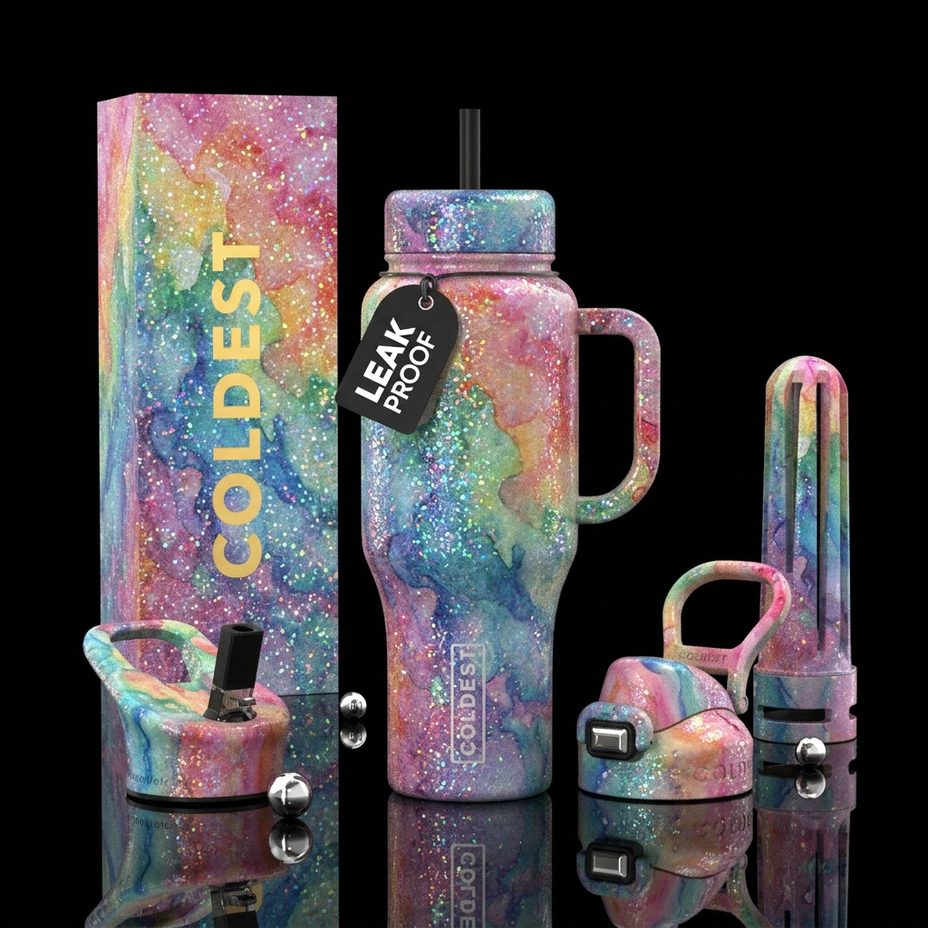 watercolor,, sparkly, stylistic, luxurious water bottle design