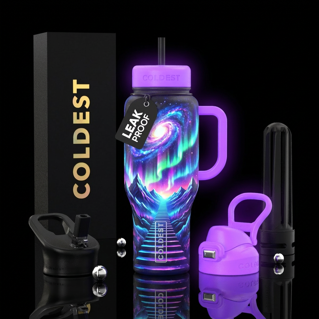 glowie, mountains, galaxy, stair, northern lights water bottle design
