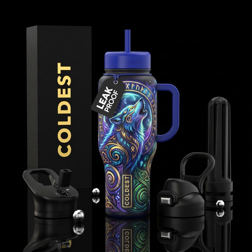 wolf, magical, fantasy, spirals, ancient water bottle design