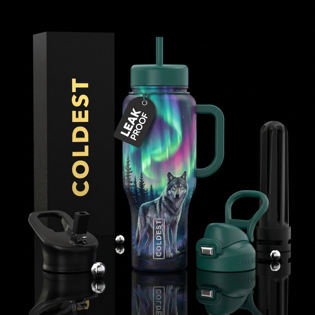 realism norther lights wolf tree water bottle design