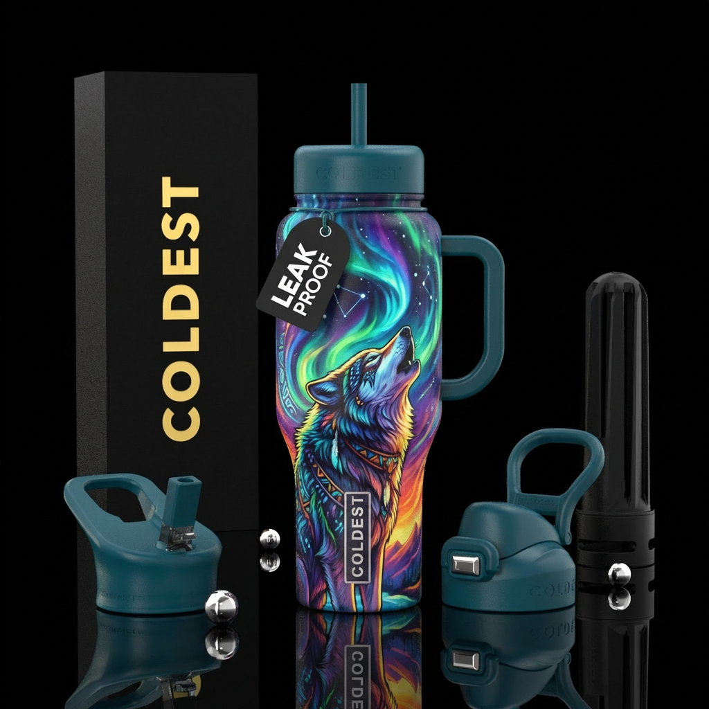Native american, northern lights, vibrant,wolf water bottle design