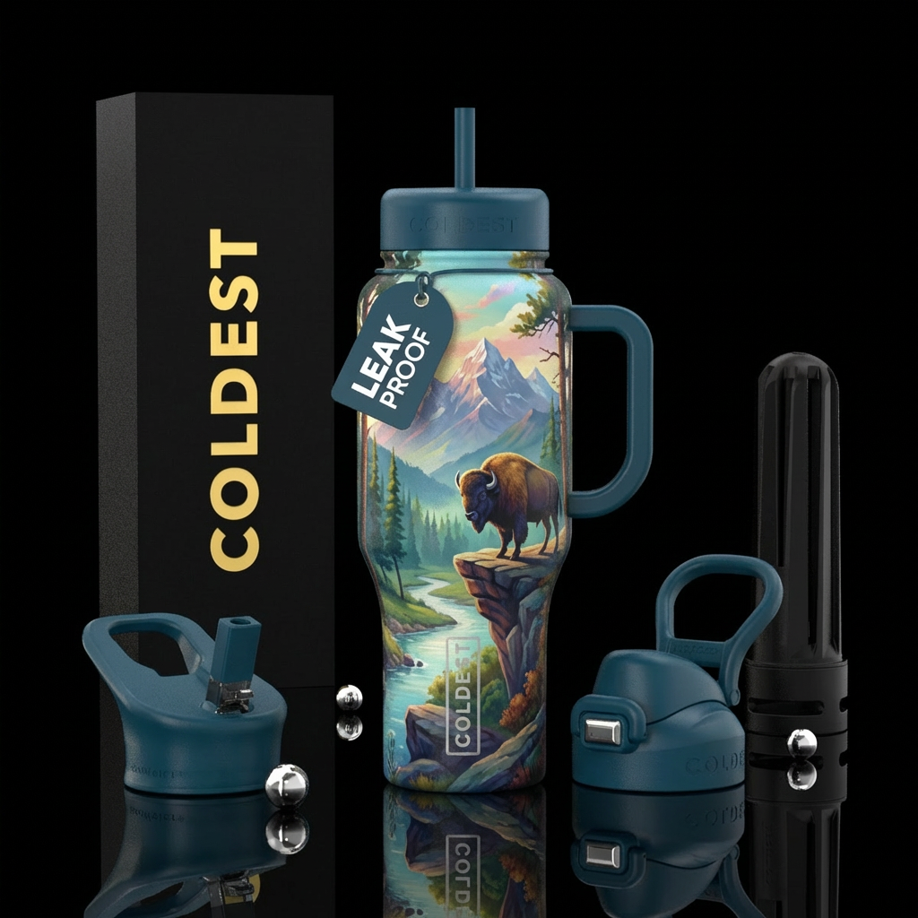 bison, cliff, trees, gentle stream, mountains water bottle design