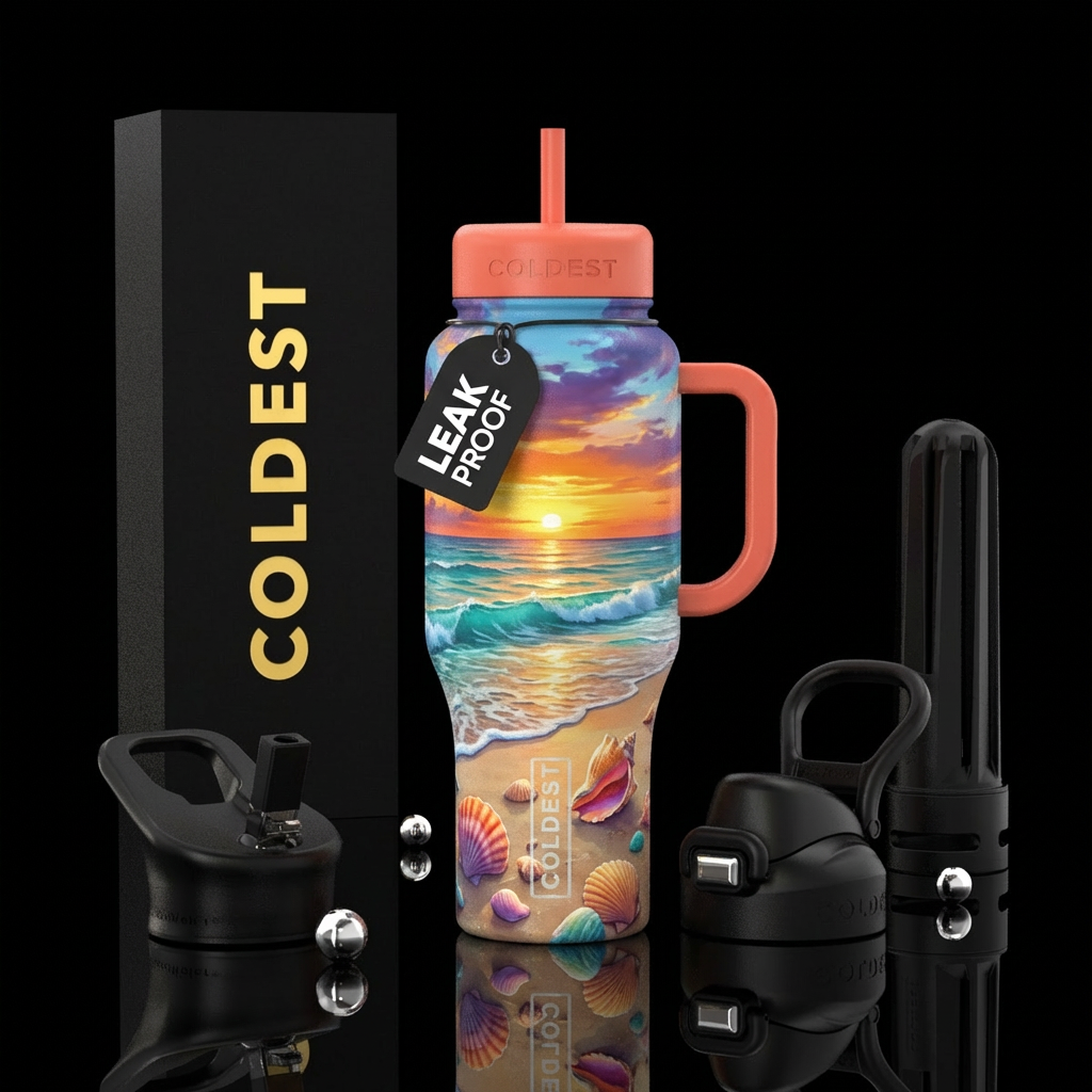 Beach,sunset,seashells,ocean water bottle design