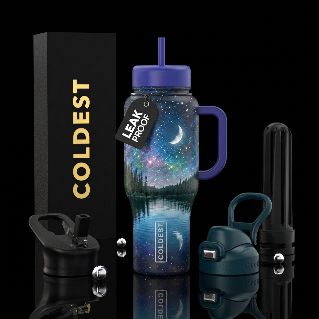 Lake with stars and moon water bottle design