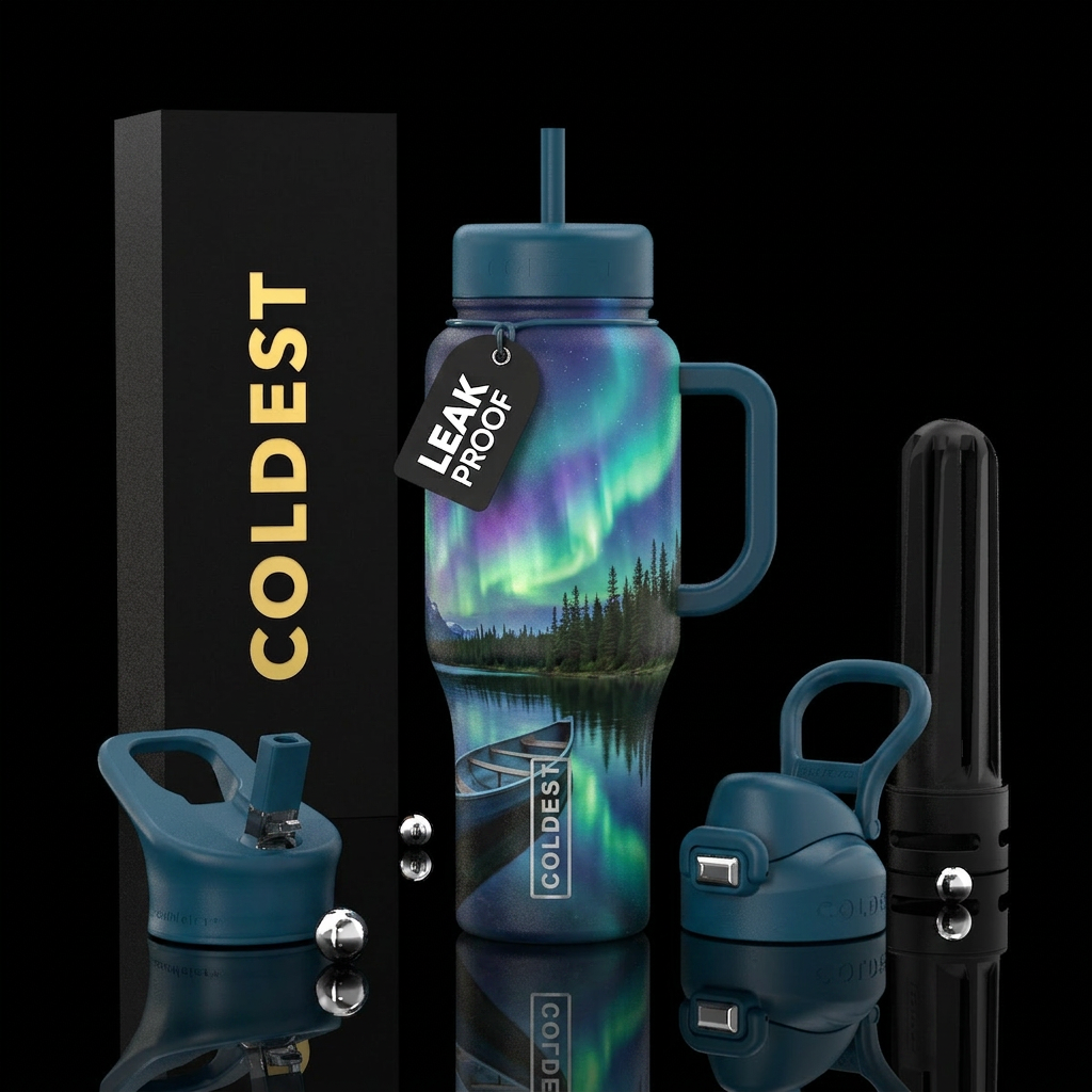 Lake with boat and trees northern lights water bottle design