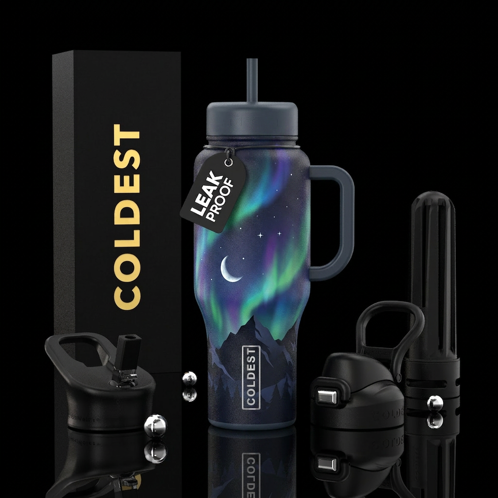 Mountains northern lights stars moon water bottle design