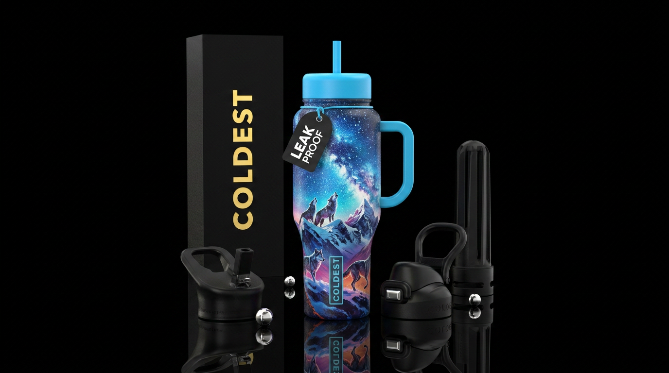Mountain wolves stars water bottle design