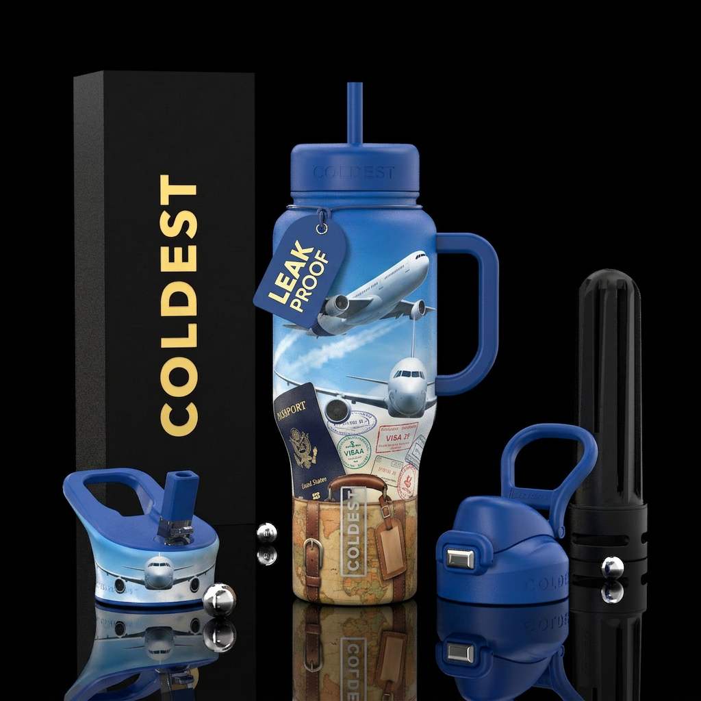 Travel themed, airplanes, luggage, passport water bottle design