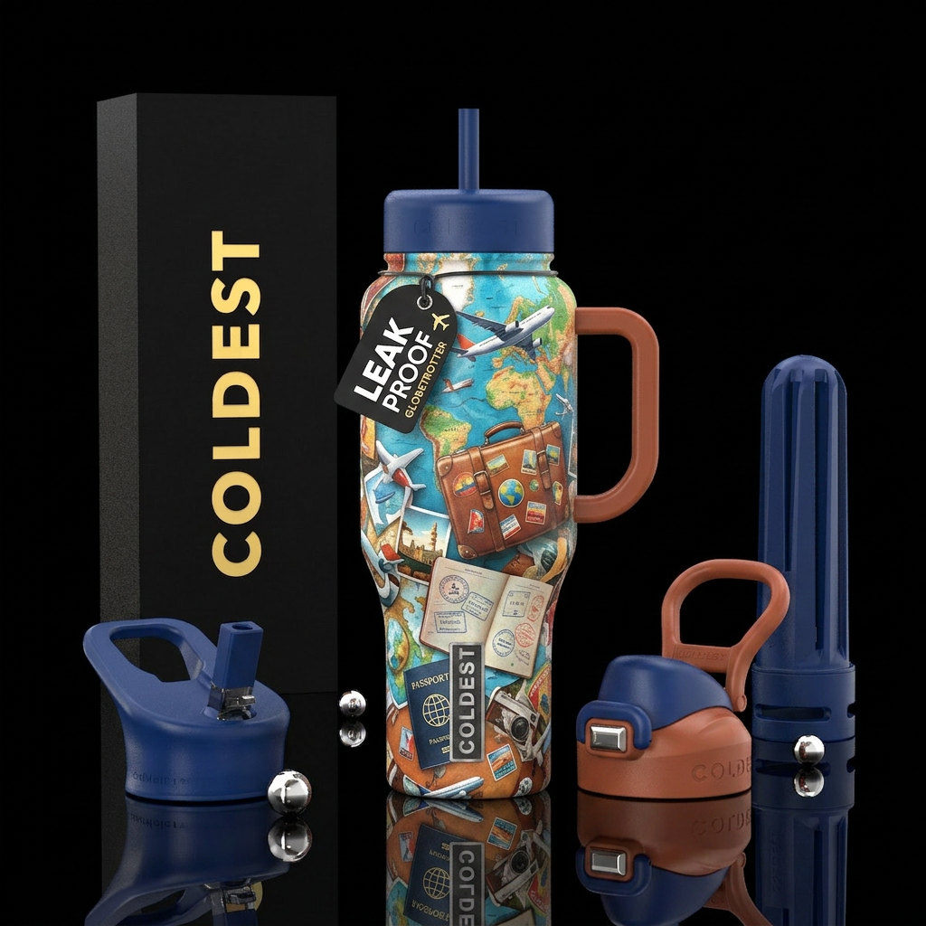 Travel, airplanes, suitcases, passports, water bottle design
