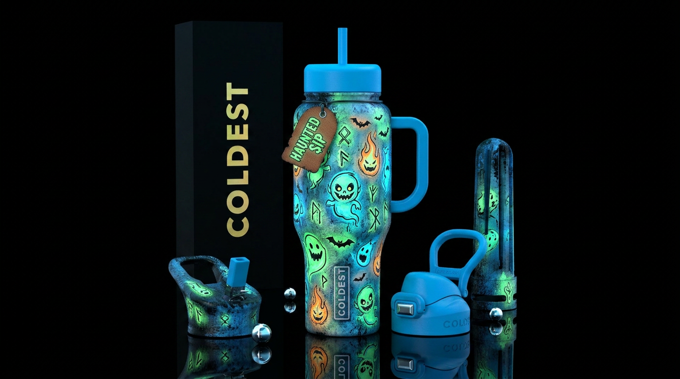 haunted, painted, rugged,, cartoon, glowie water bottle design