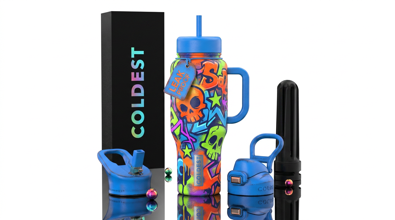 rugged, spray painted, rugged,,, cartoon water bottle design