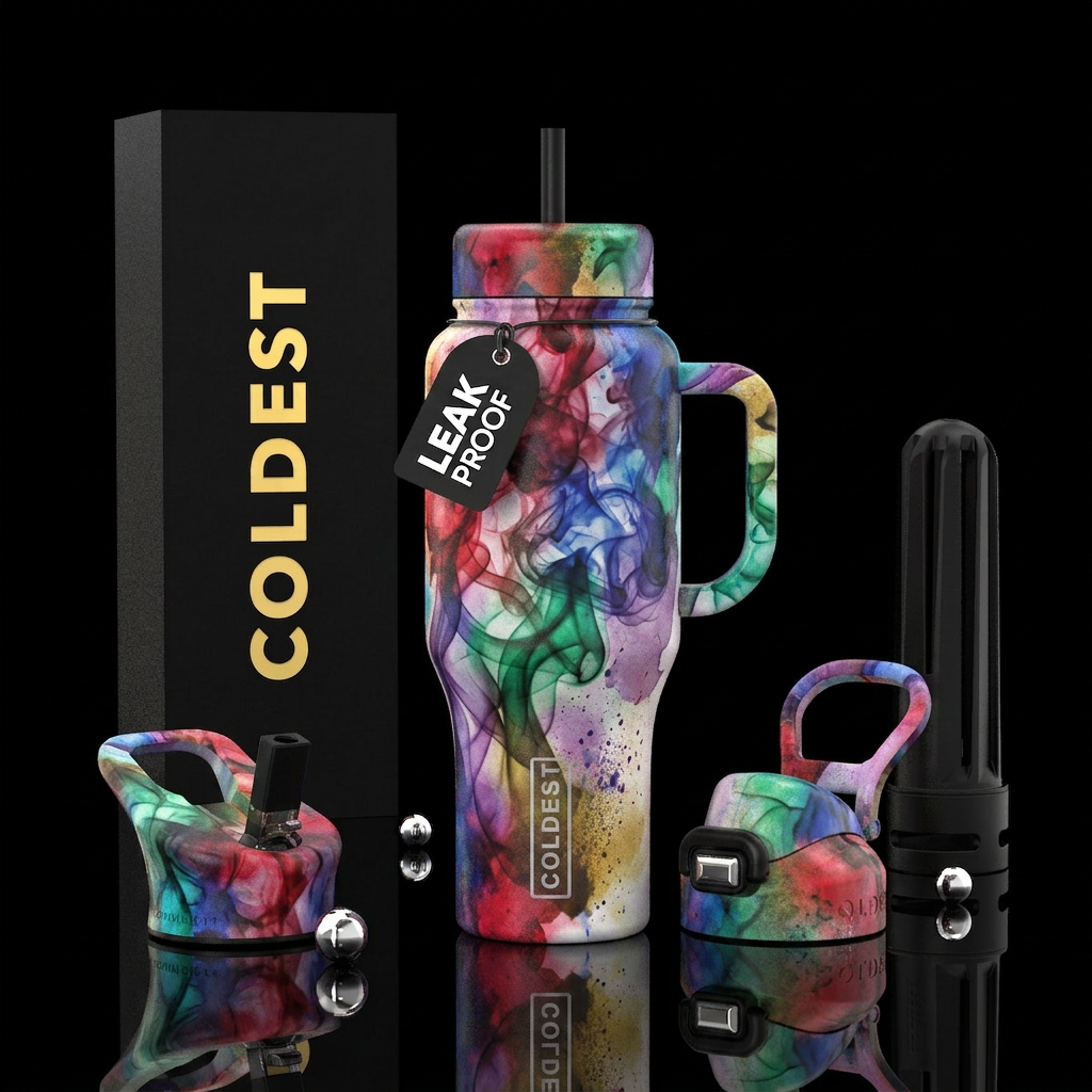 smoke, watercolor, spray painted water bottle design