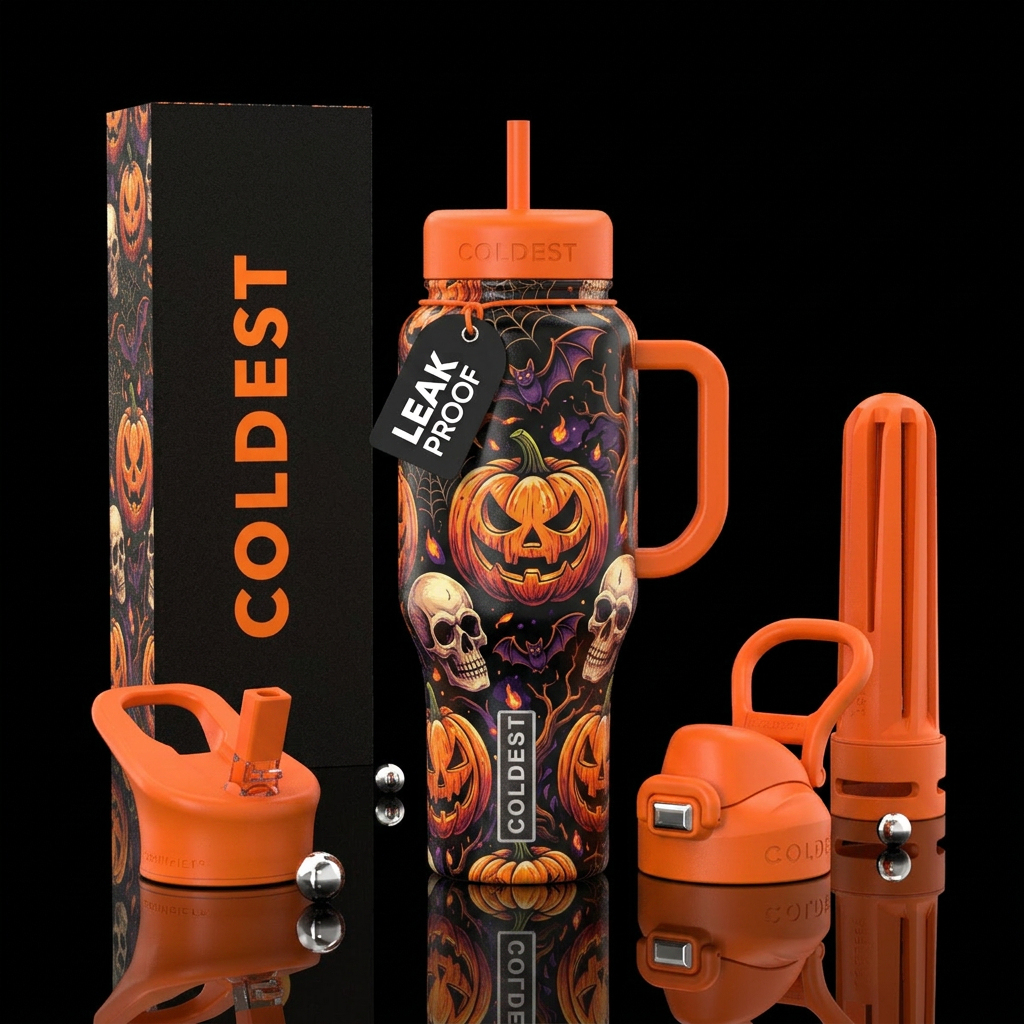 Halloween, pumpkin, skull water bottle design