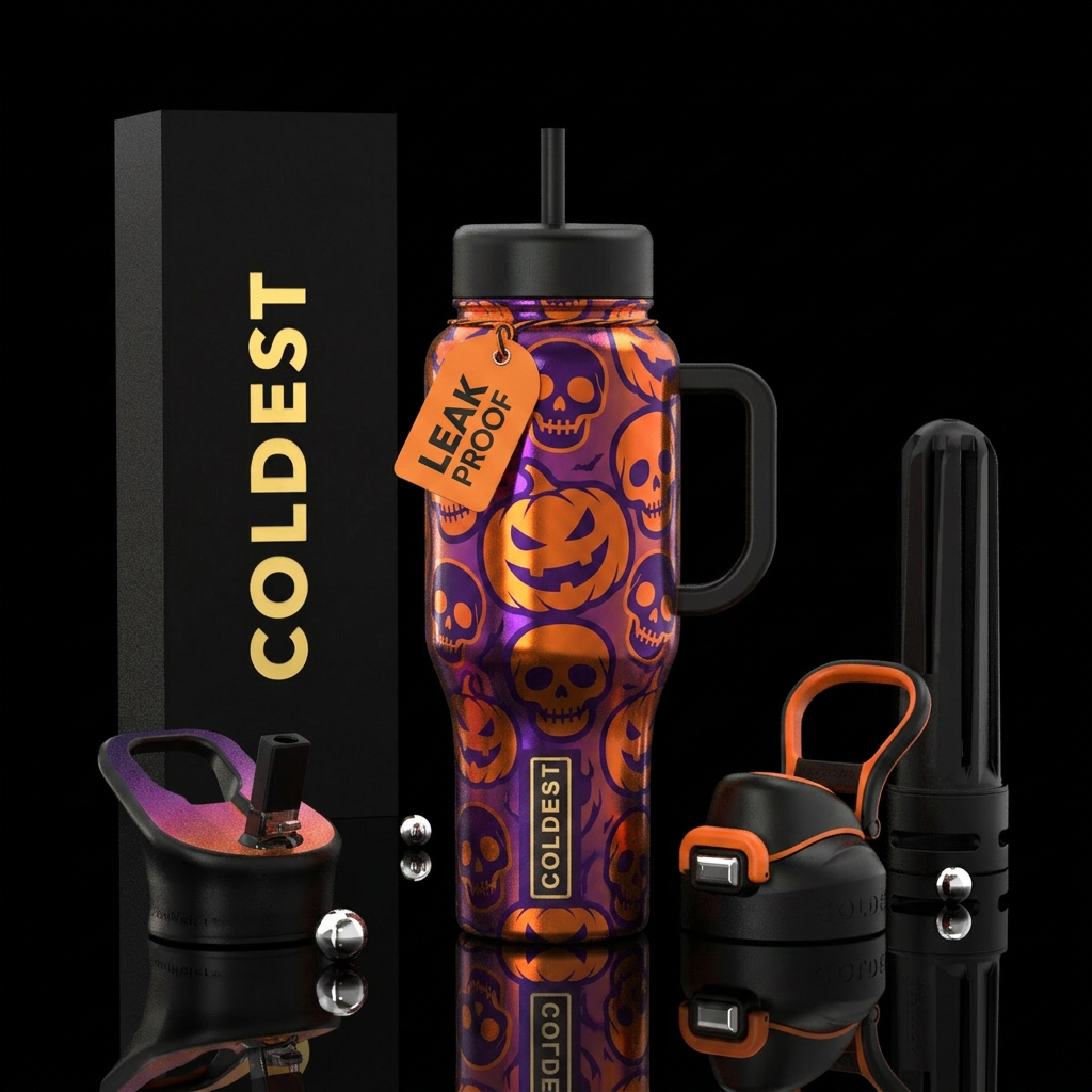Halloween, pumpkin, skull water bottle design