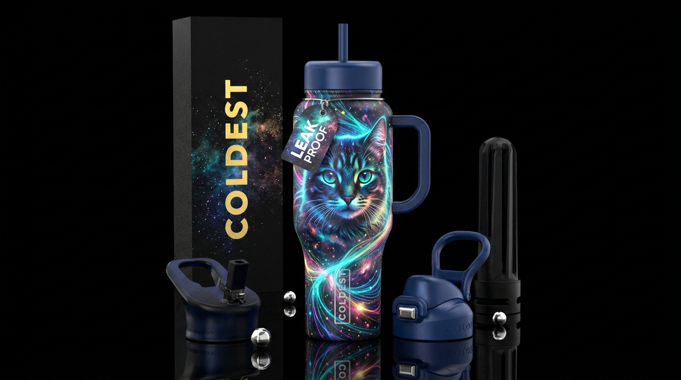 cat, glowie, realism water bottle design