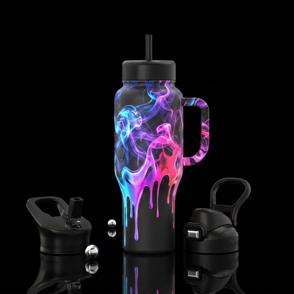 dripping, smoke, painting water bottle design