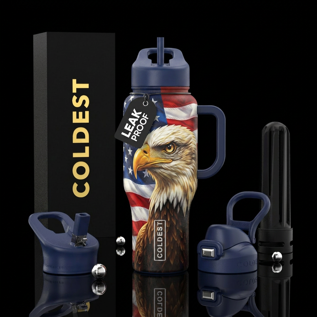 American flag, eagle, realism water bottle design