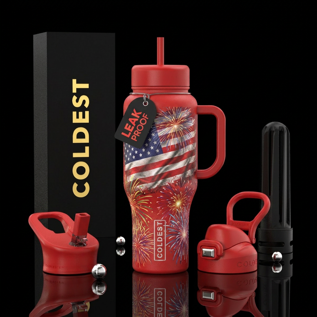 American flag, fireworks water bottle design
