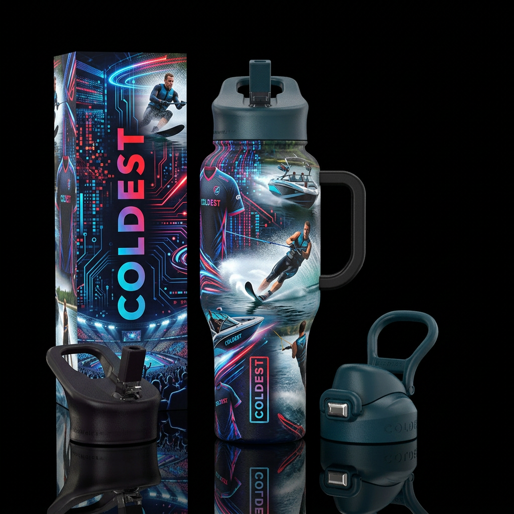 esports, water skiing, realism water bottle design