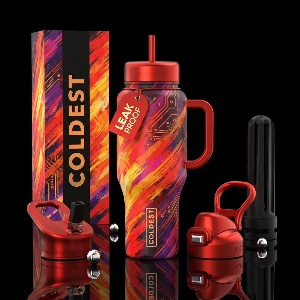 techno, brush stroke, firery water bottle design