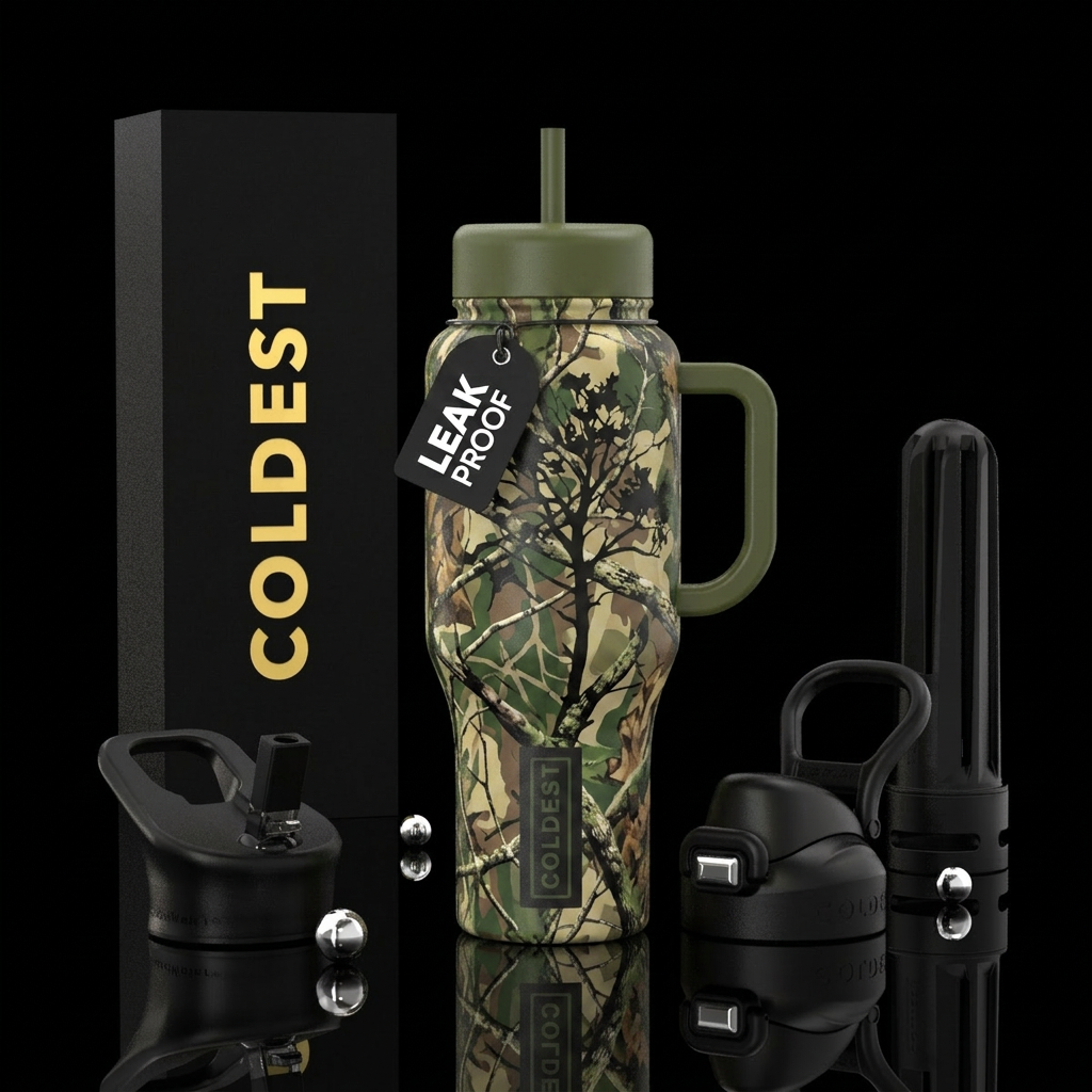 camo, trees water bottle design