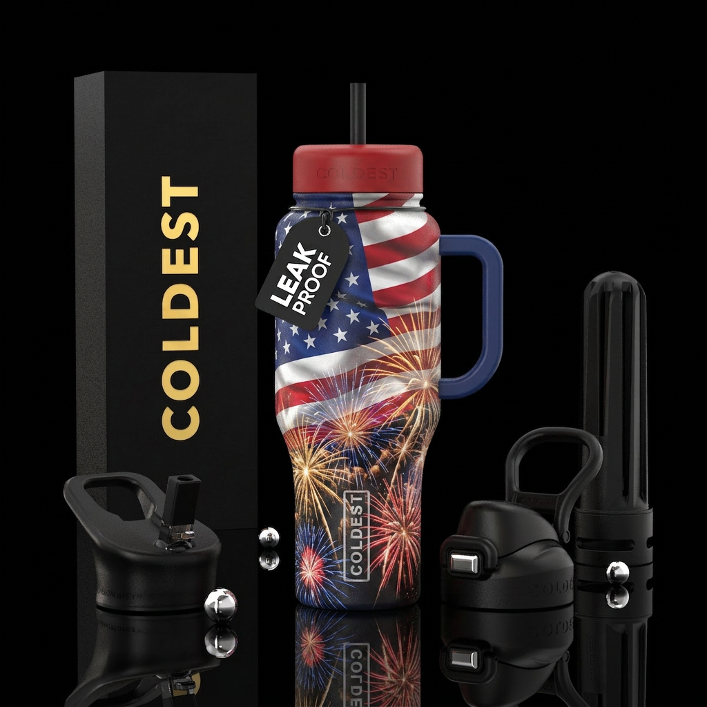 fireworks, American flag water bottle design