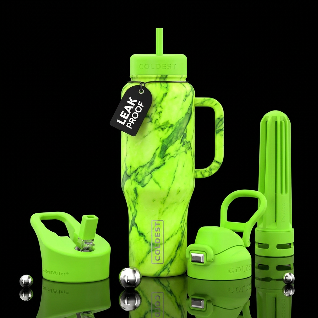 neon green, marble water bottle design