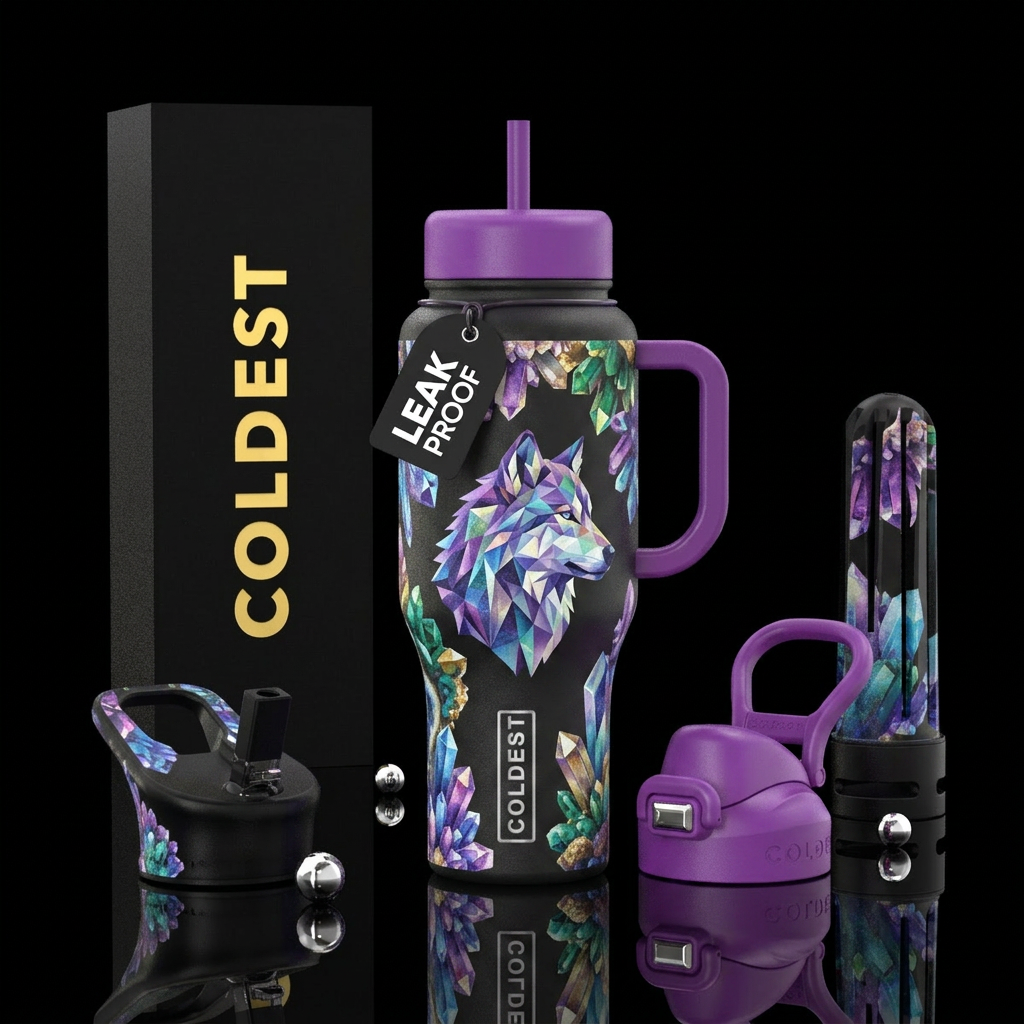 geode, geometric wolf water bottle design