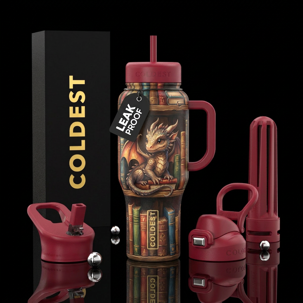 A baby dragon sitting on a book shelf surrounded b... water bottle design