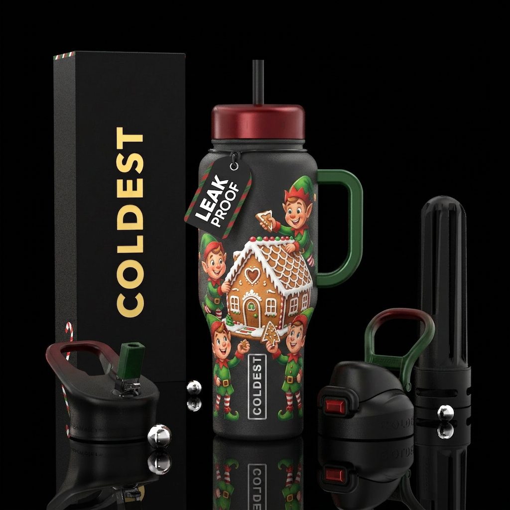Christmas, elves eating gingerbread houses water bottle design