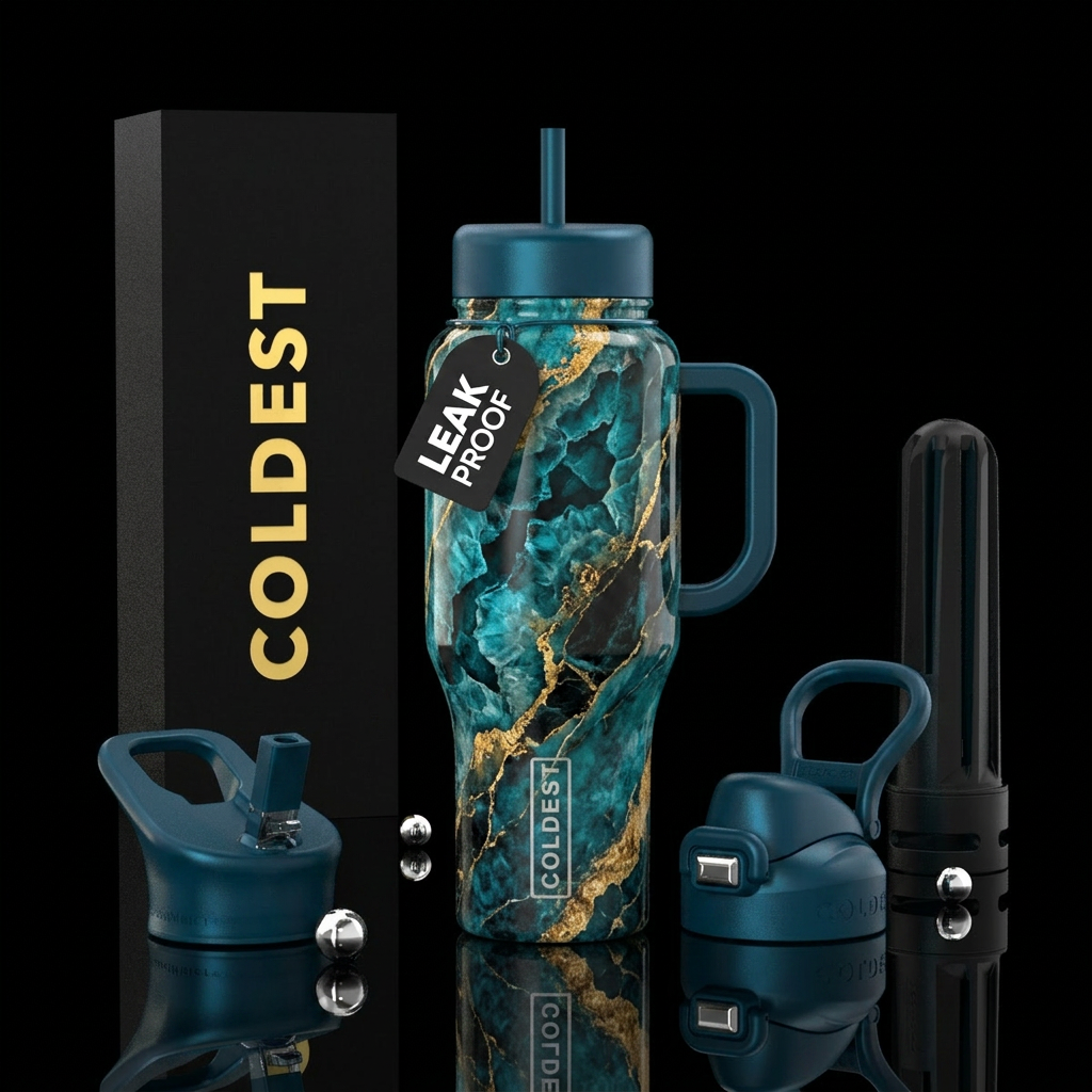 teal, black, gold, marble, geode water bottle design
