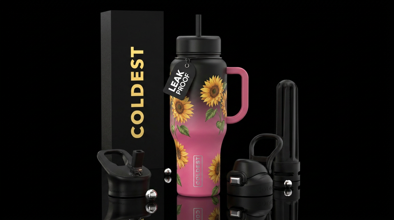Pink to black matte ombre with sunflowers water bottle design