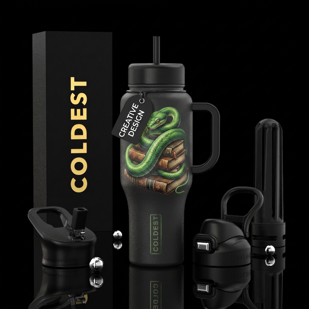Green snake protecting books on a black bottle, water bottle design