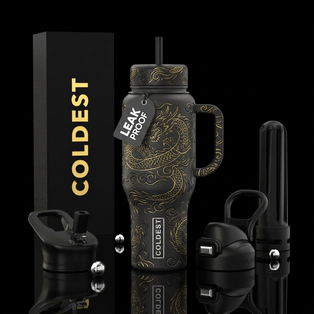 gold, dragon, matte, swirls, smoke water bottle design