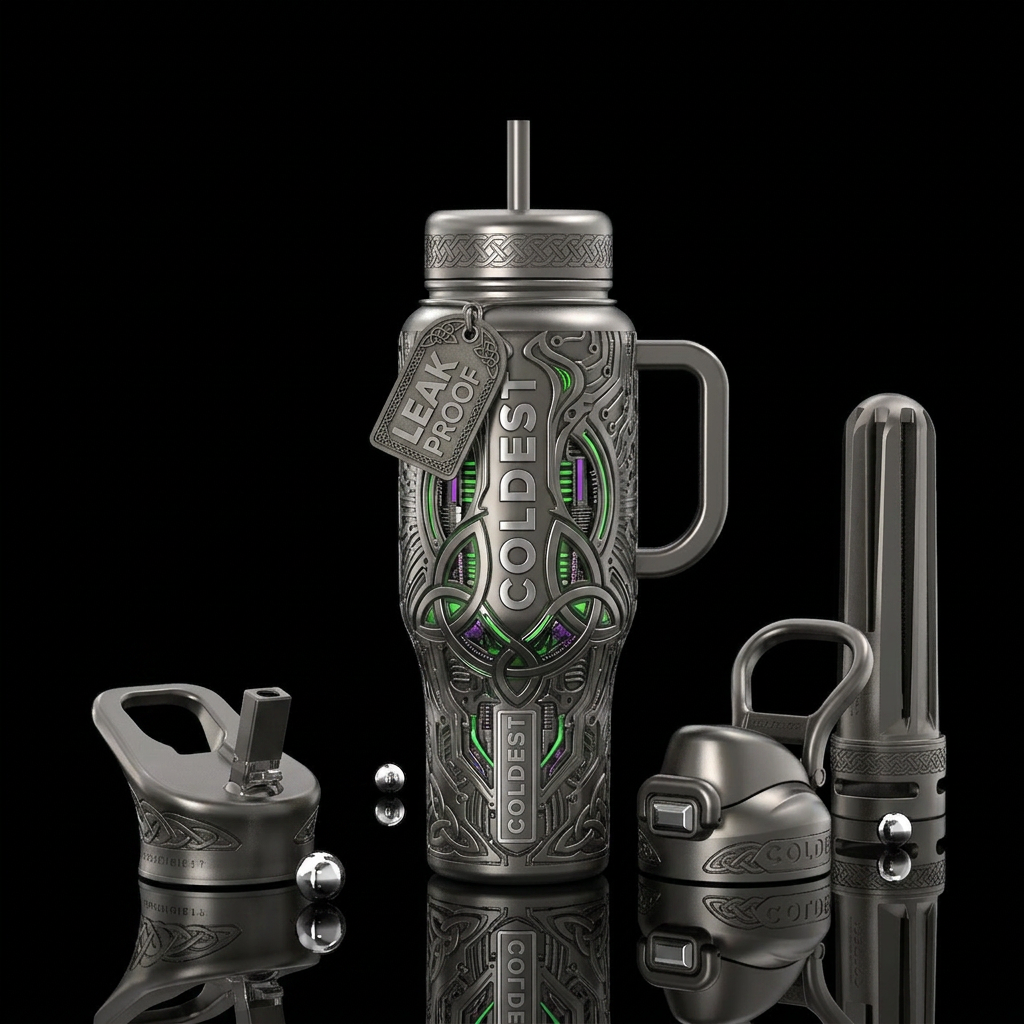 gunmetal, biopunk, celtic water bottle design