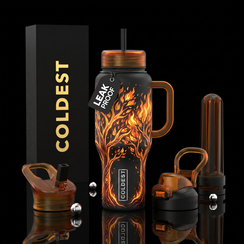 glowie, firery, trees water bottle design